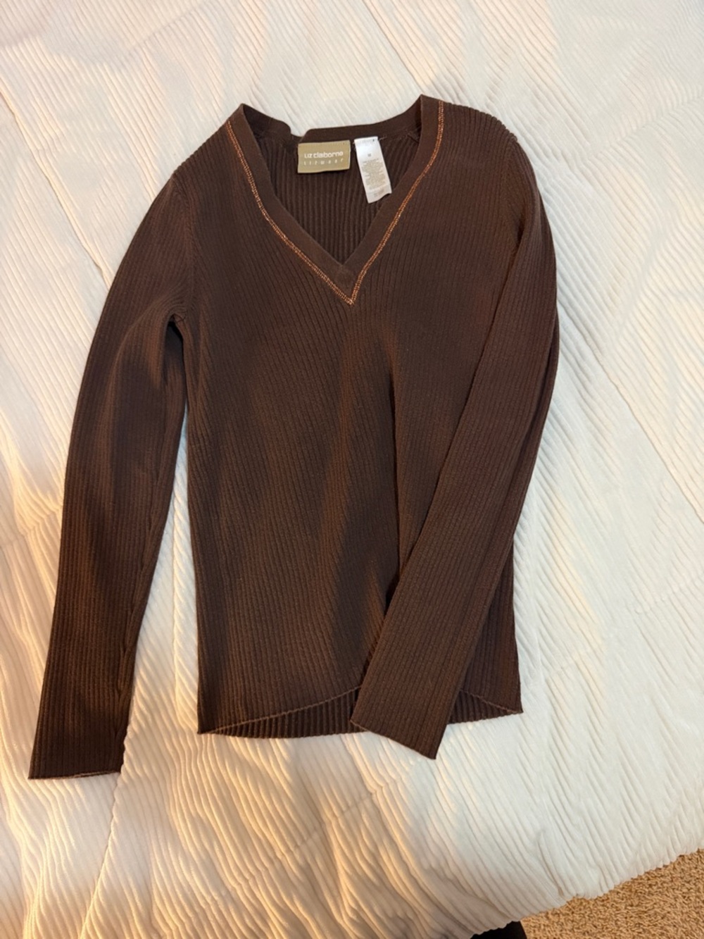 Liz Claiborne Chocolate Brown Ribbed V-Neck Sweater